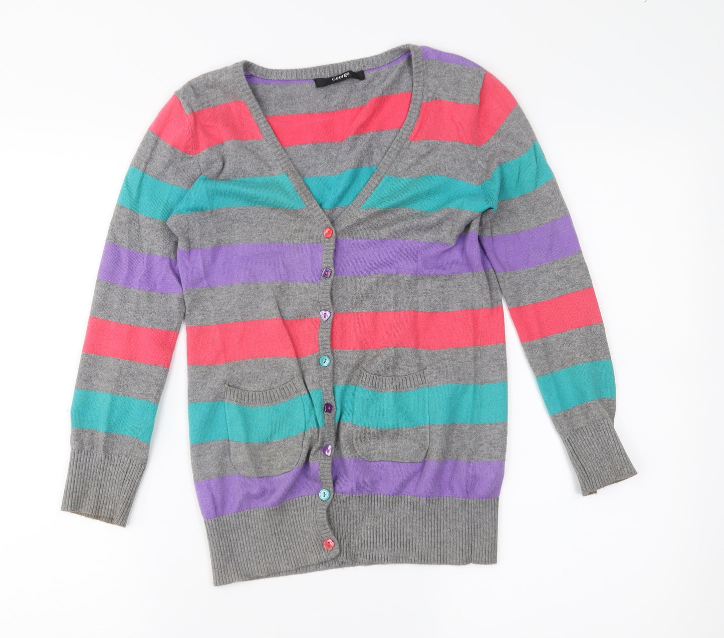 George Girls Grey Striped  Cardigan Jumper Size 8-9 Years