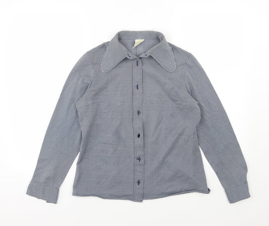 Front view of Preworn women’s blue striped basic button-up, size UK 14