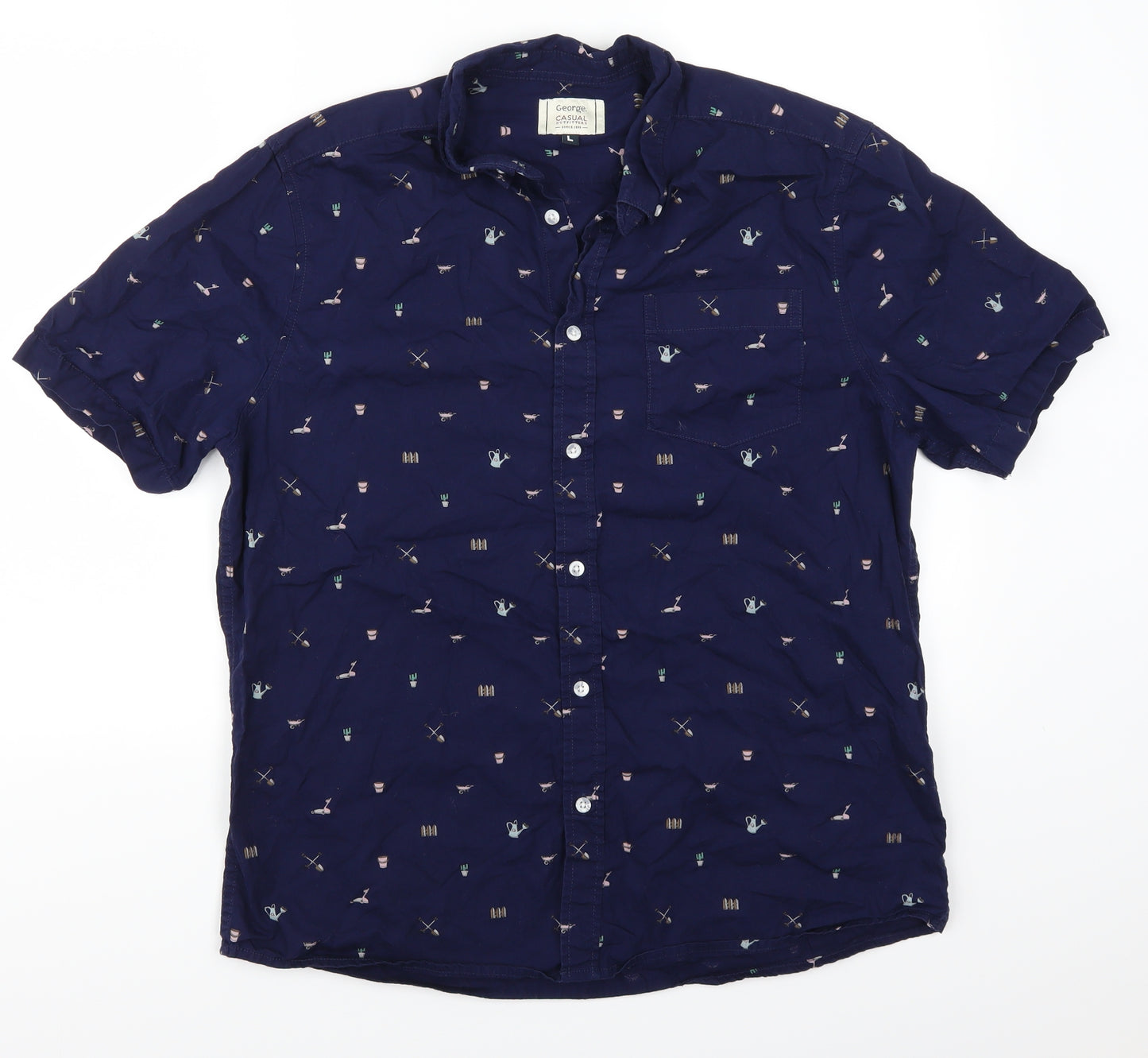 George Mens Blue    Button-Up Size L  - Gardening Prints