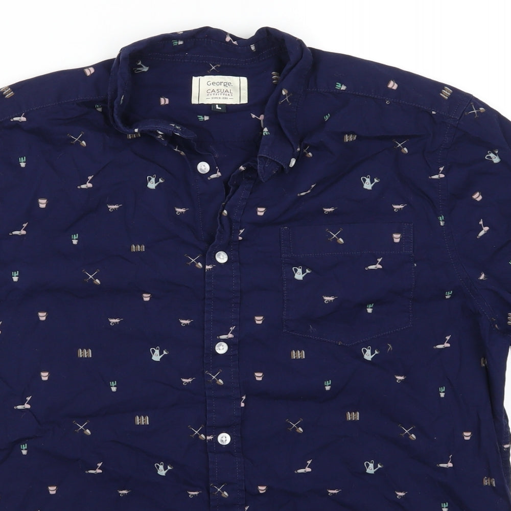 George Mens Blue    Button-Up Size L  - Gardening Prints
