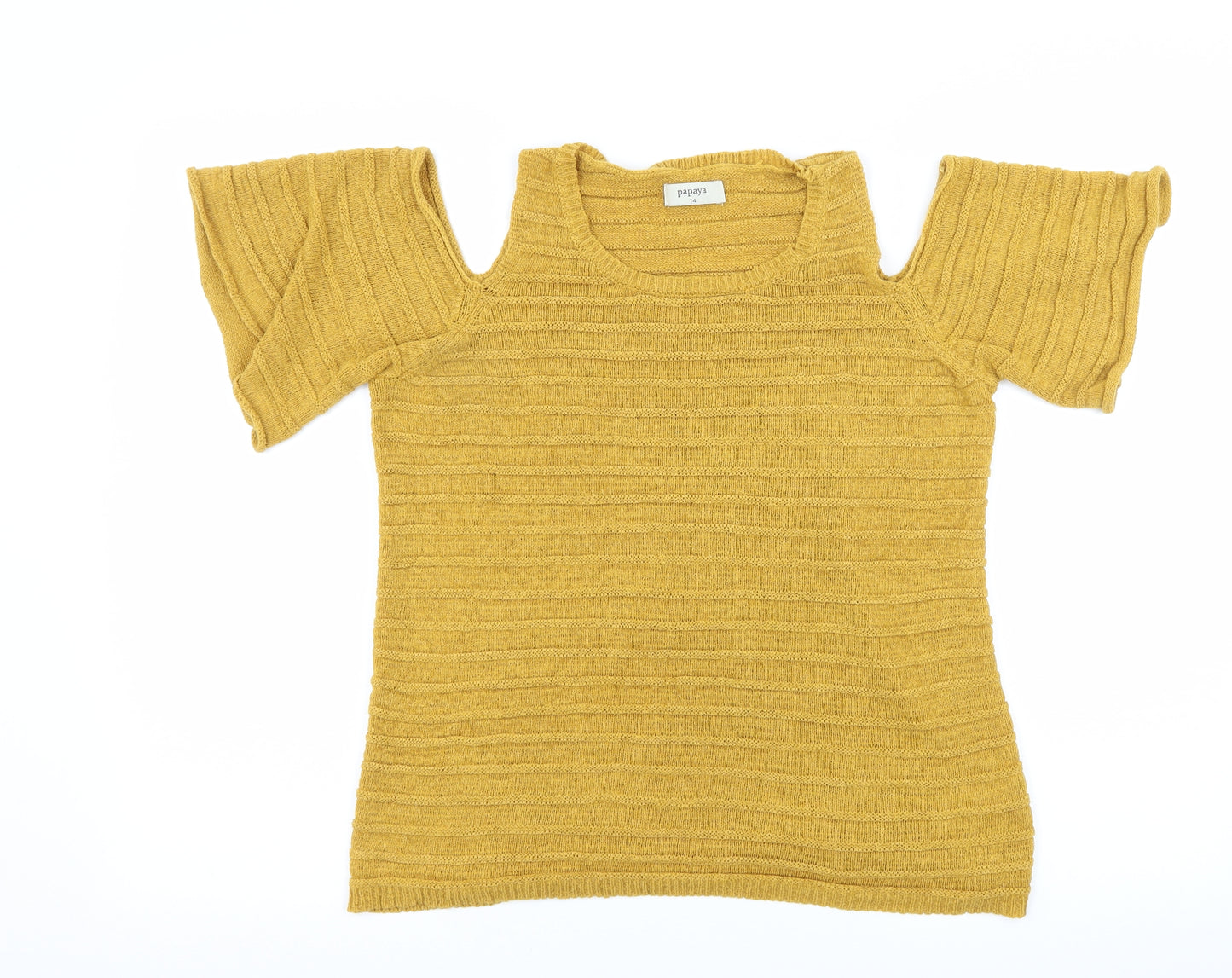 Papaya Womens Yellow  Knit Basic T-Shirt Size 14  - Cut Out Shoulder