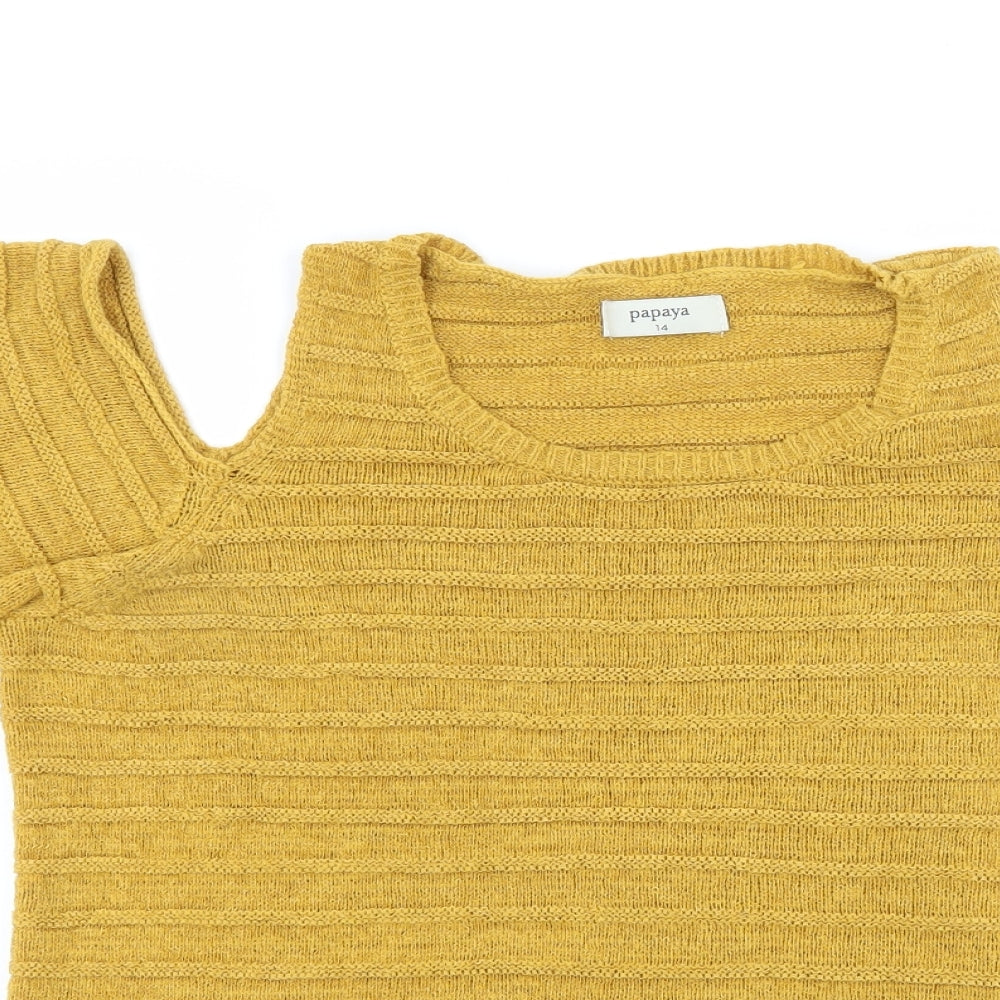 Papaya Womens Yellow  Knit Basic T-Shirt Size 14  - Cut Out Shoulder