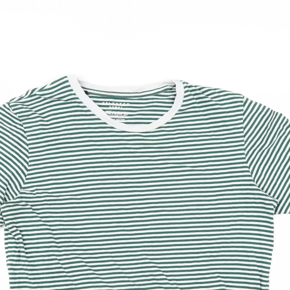 Selected Homme Mens Green Striped   T-Shirt Size L