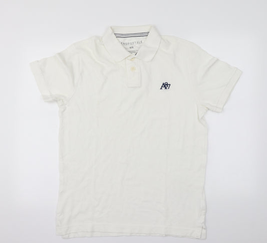 Front view of Aeropostale men’s white polo, size M