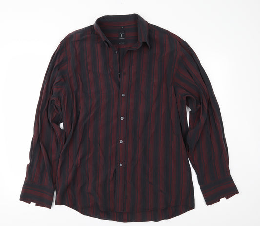 Front view of Tom English men’s red striped button-up, size L