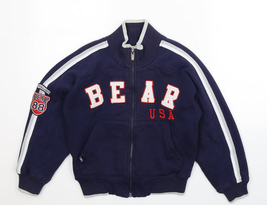 Front view of Bear USA boys’ blue jersey varsity jacket jacket, size S