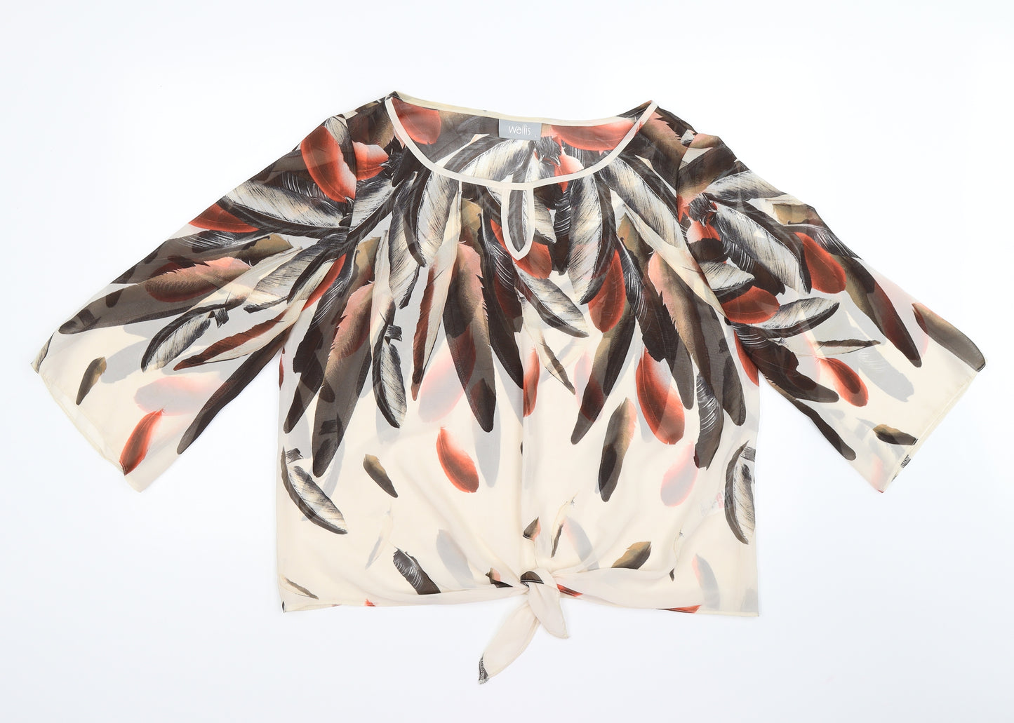 Wallis Womens Beige Floral Chiffon Cropped Blouse Size L  - feathers