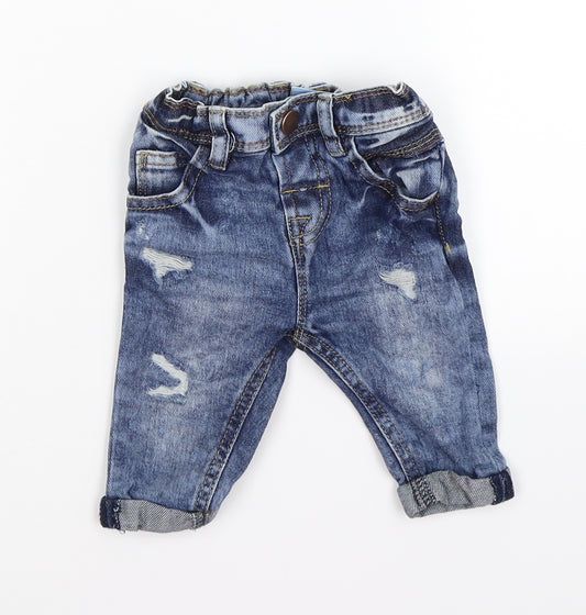 Front view of Next boys’ blue denim capri trousers, size 3-6, months