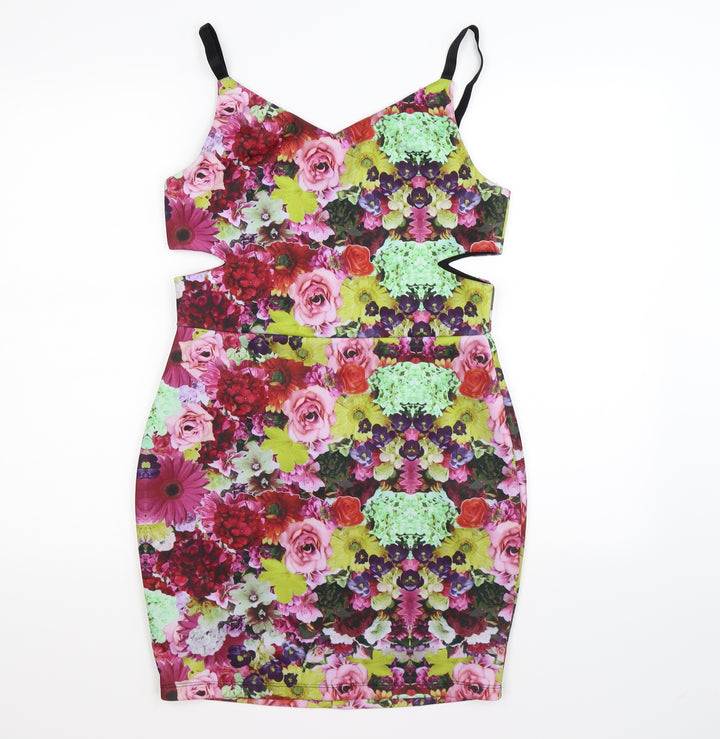 FB Fashion Womens Green Floral Satin Bodycon Size L