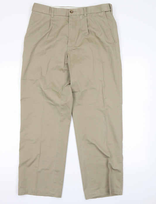 Front view of M&S men’s beige dress pants trousers, size S, 26-inch leg