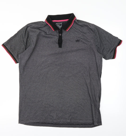 Front view of Urban Spirit men’s black polo, size L