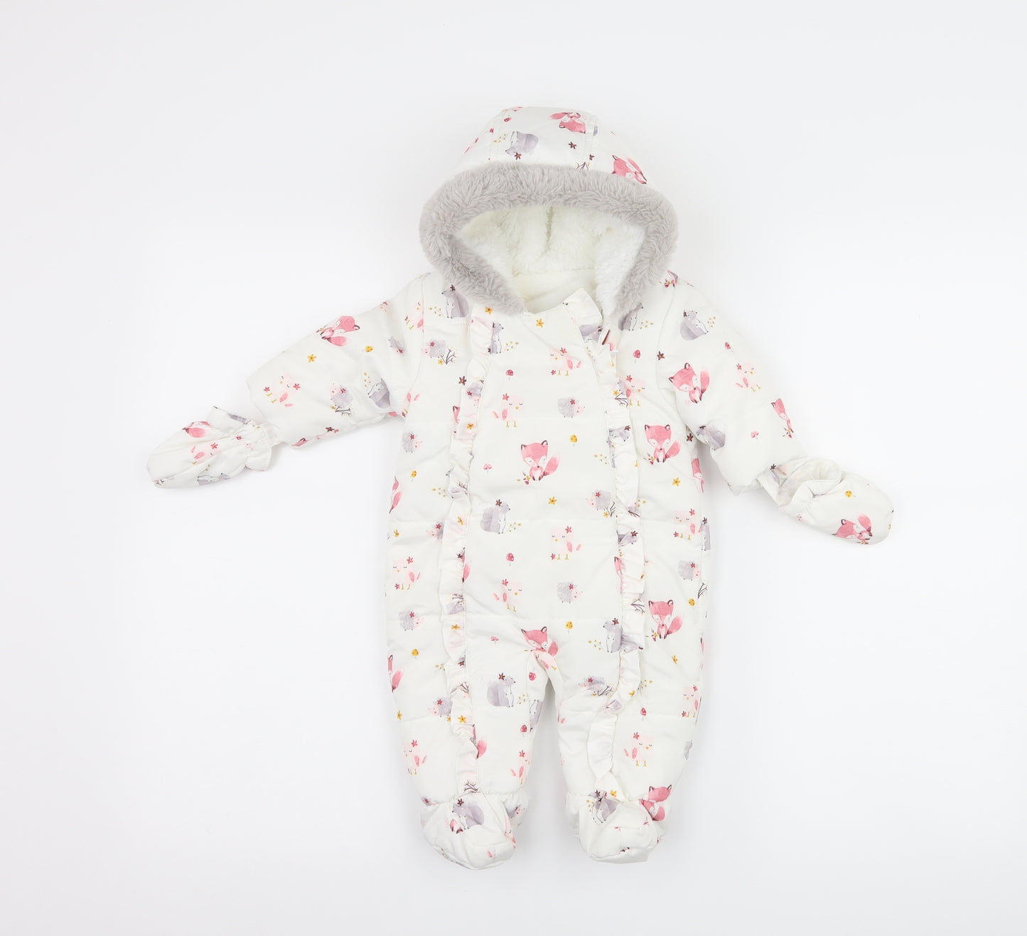 George Baby White   Overcoat Snowsuit Size 0-3 Months  - Woodland Animals gloves included