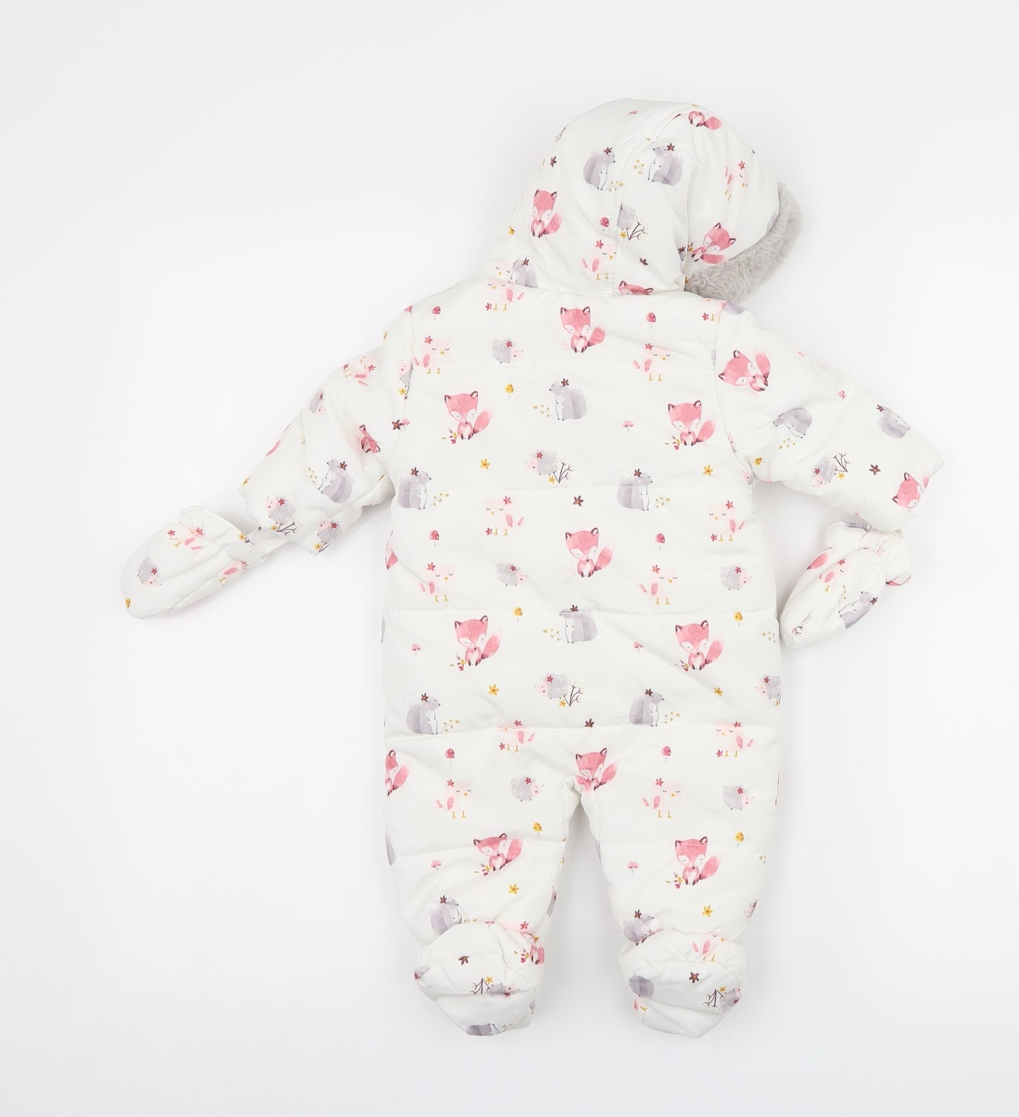 George Baby White   Overcoat Snowsuit Size 0-3 Months  - Woodland Animals gloves included