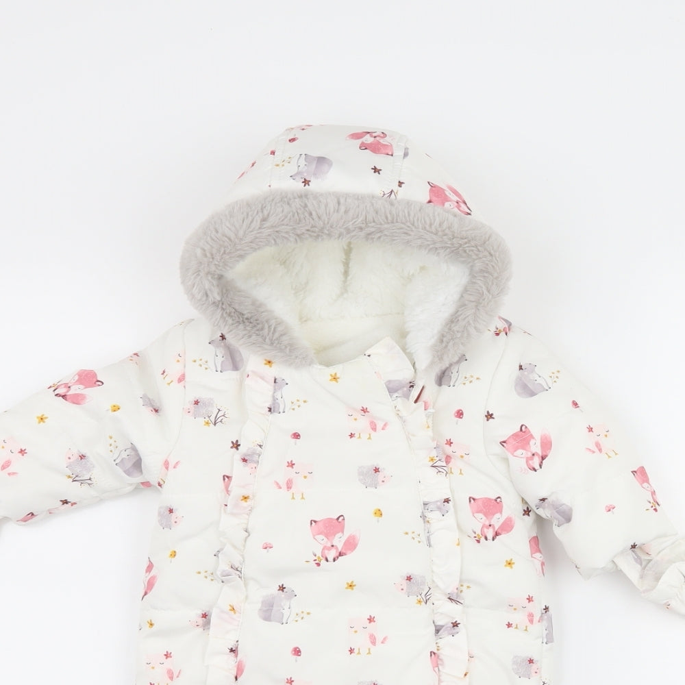 George Baby White   Overcoat Snowsuit Size 0-3 Months  - Woodland Animals gloves included