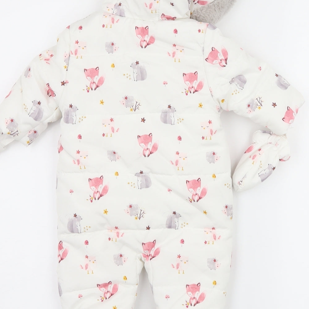 George Baby White   Overcoat Snowsuit Size 0-3 Months  - Woodland Animals gloves included