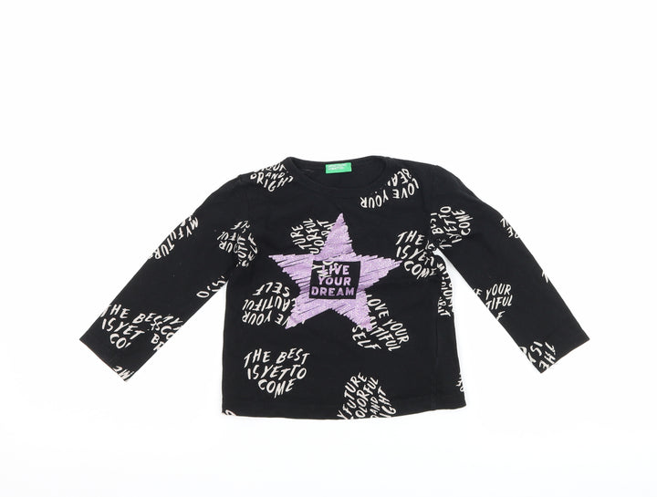 United Colors of Benetton Girls Black Basic T-Shirt Size 2 Years - graphic