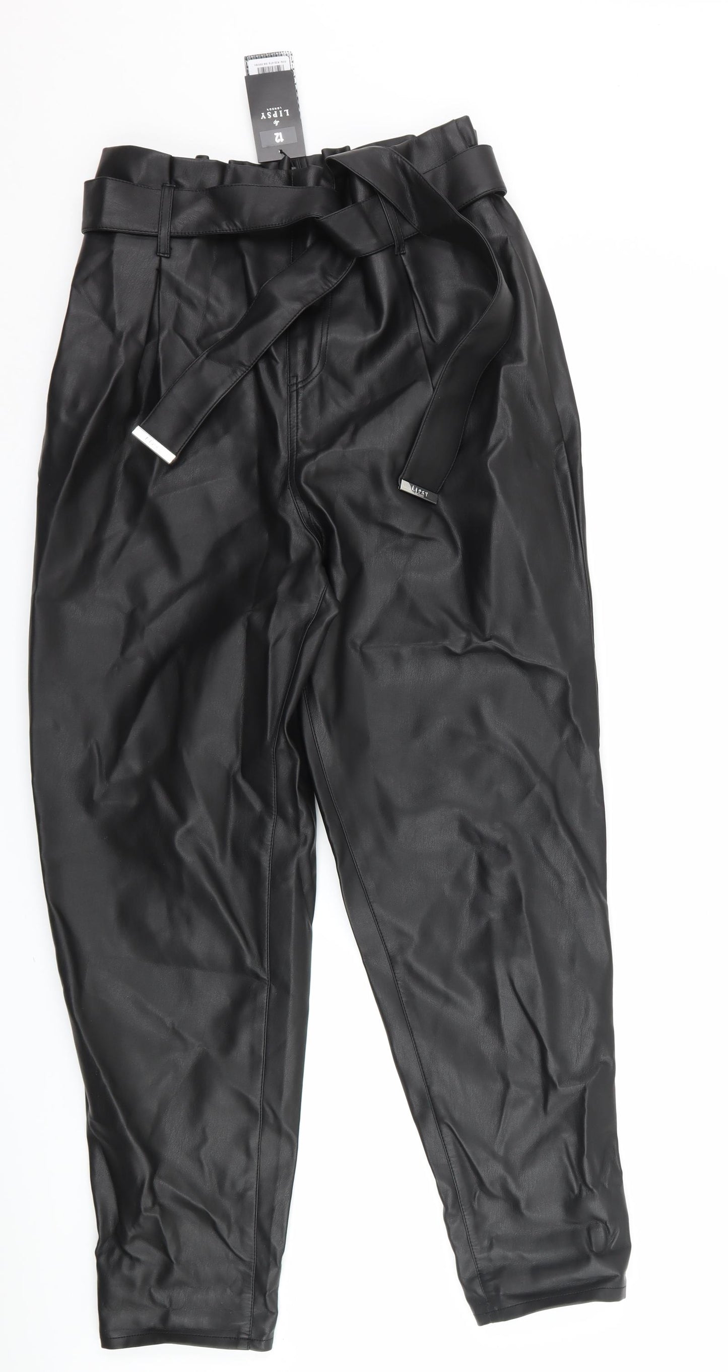 Lipsy Womens Black   Trousers  Size 12 L26 in - Paper Bag Waist leather look