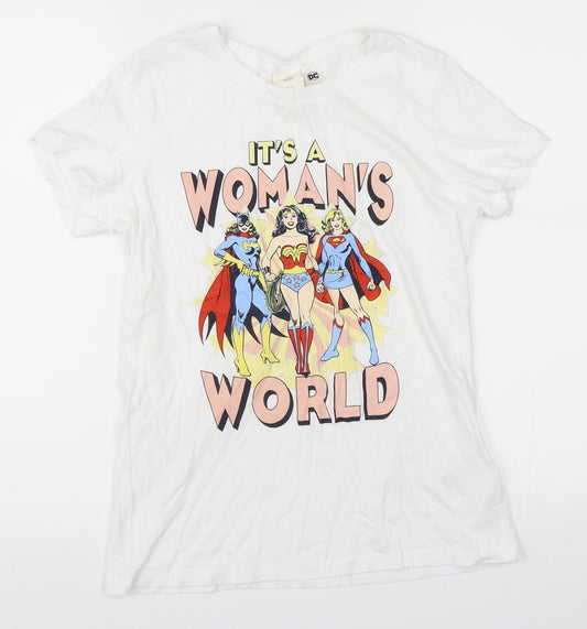 Front view of H&M women’s white basic t-shirt, size XS, - avengers