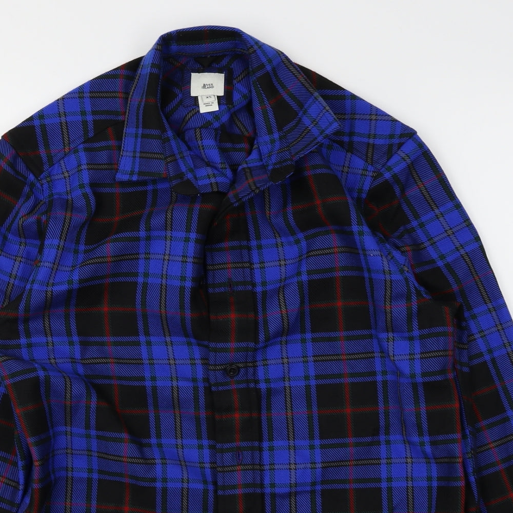 River Island Mens Blue Plaid Flannel  Button-Up Size XS