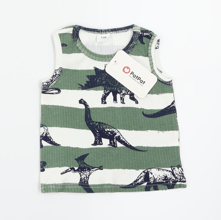 PatPat Boys Green Striped  Basic Tank Size 3-6 Months  - Dinosaur