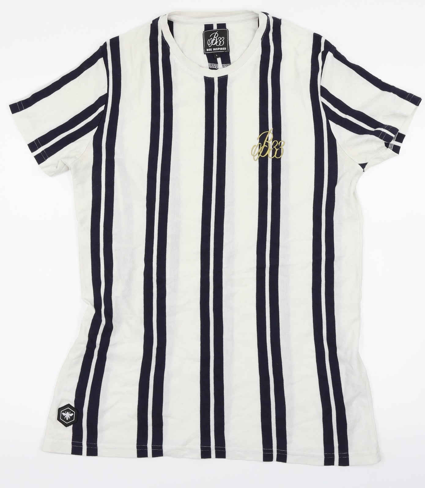 B33 Mens White Striped   T-Shirt Size L