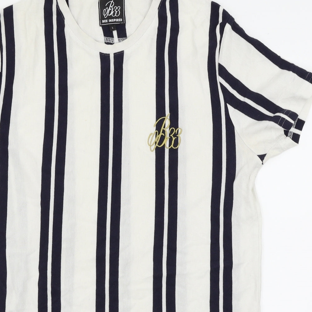 B33 Mens White Striped   T-Shirt Size L