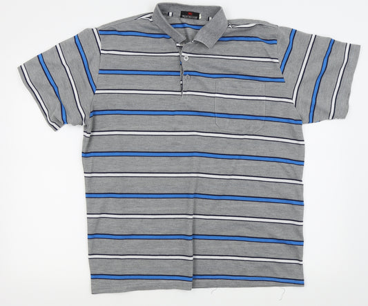 Front view of fight the wolf men’s grey striped polo, size XL