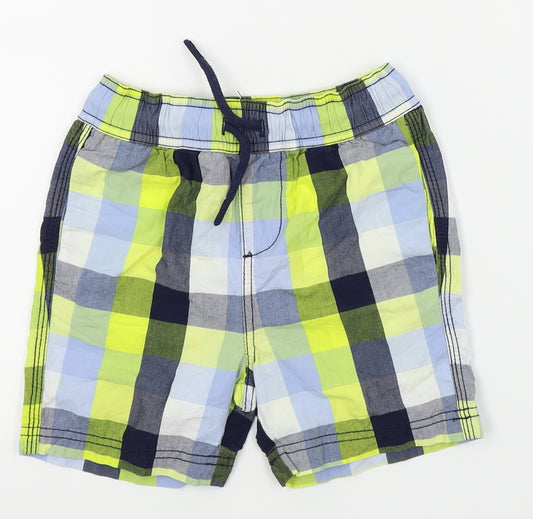 Front view of pre worn boys’ multicoloured check chino shorts, size 6, years