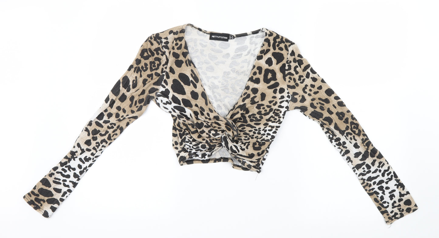 PRETTYLITTLETHING Womens Brown Animal Print  Cropped T-Shirt Size 10  - Twist detail