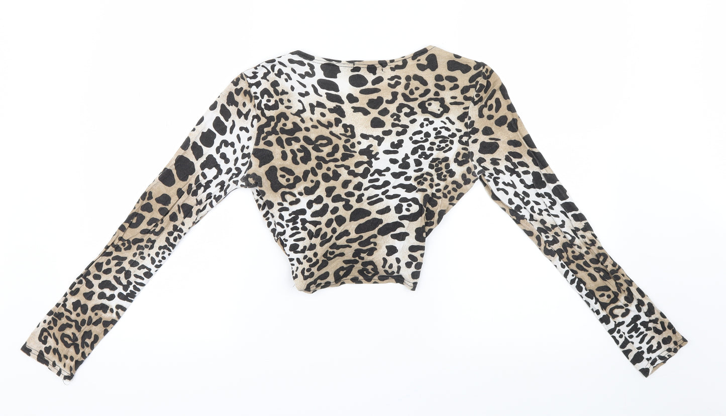 PRETTYLITTLETHING Womens Brown Animal Print  Cropped T-Shirt Size 10  - Twist detail