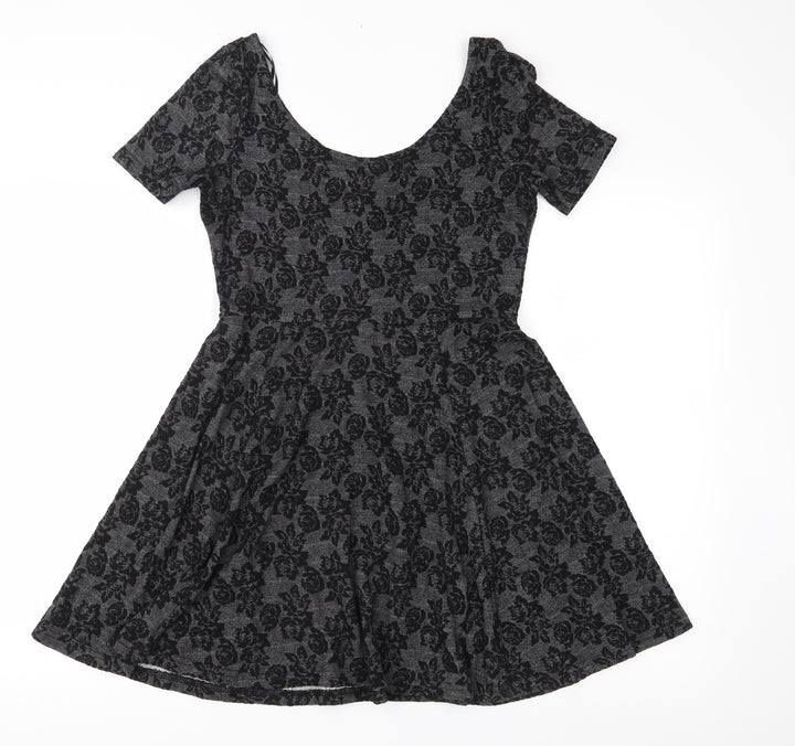 H&M Womens Grey Floral Skater Dress Size S