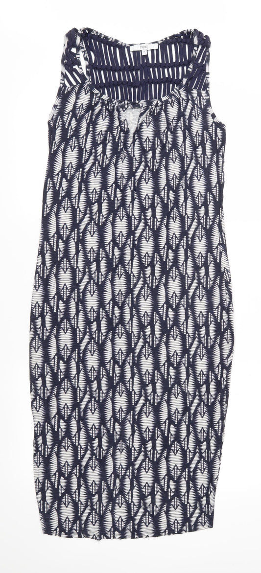 Front view of Next women’s blue geometric jersey shift, size UK 6
