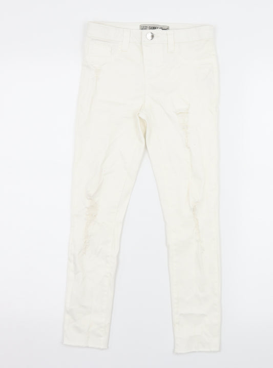 Front view of Denim & Co. girls’ white denim skinny jeans, size 7-8, years - distressed