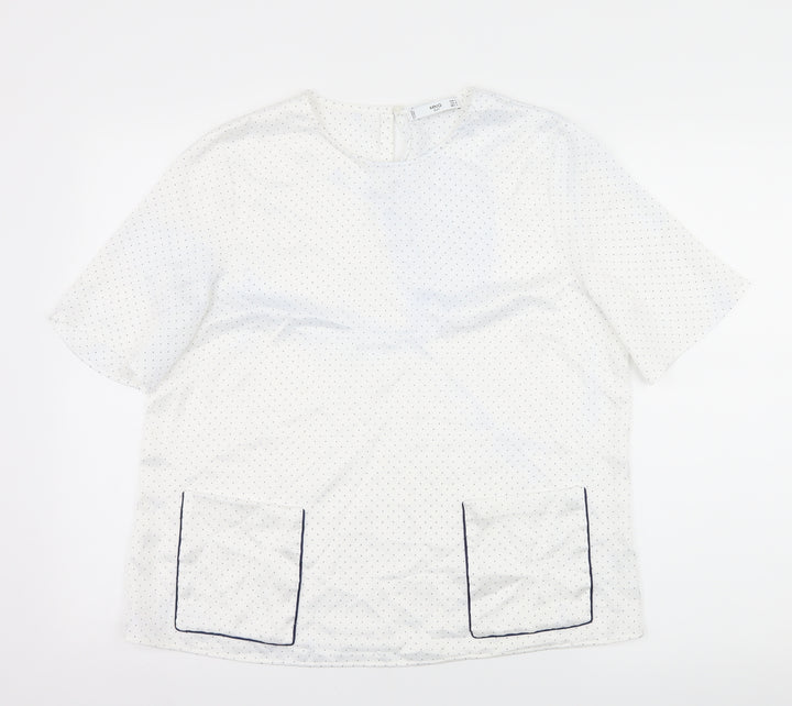Mango Womens White Polka Dot Satin Basic Blouse Size L