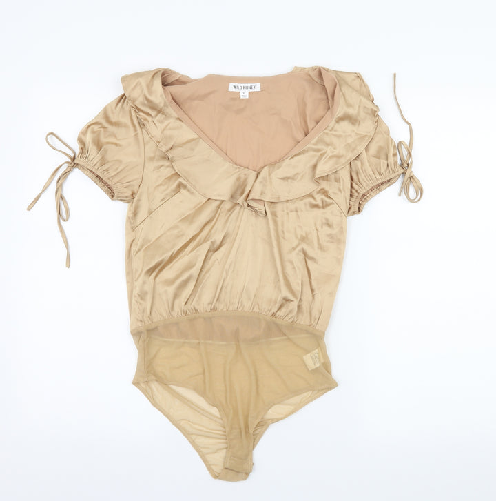 Wild Honey Womens Beige  Satin Bodysuit One-Piece Size M