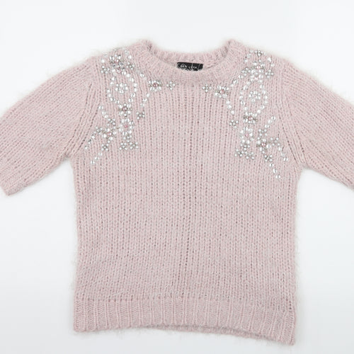 New Look Womens Pink  Knit Pullover Jumper Size 10  - Embelished Neckline