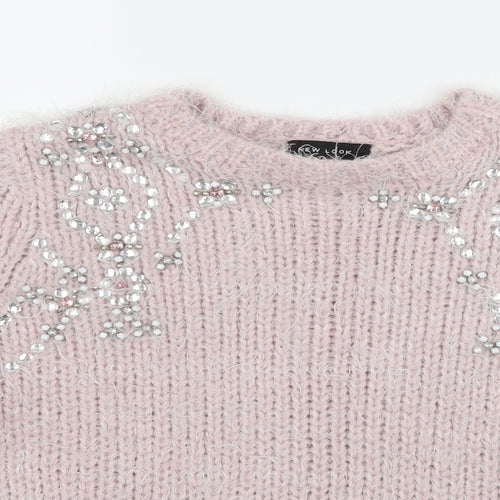 New Look Womens Pink  Knit Pullover Jumper Size 10  - Embelished Neckline
