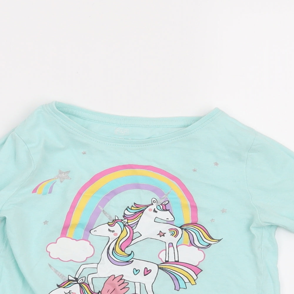 F&F Girls Green   Basic T-Shirt Size 5-6 Years  - Unicorns