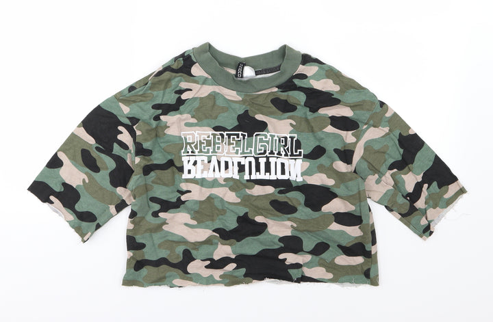Divided by H&M Womens Green Camouflage Jersey Pullover Sweatshirt Size XS  - Cropped