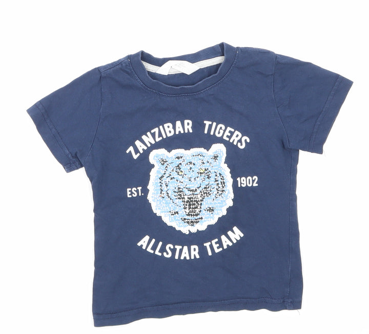 H&M Boys Blue Animal Print Basic T-Shirt Size 2-3 Years