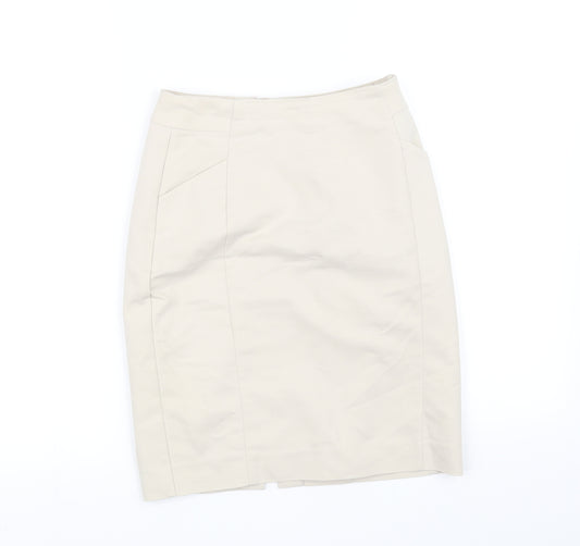 Front view of pre worn women’s beige mini skirt, size S
