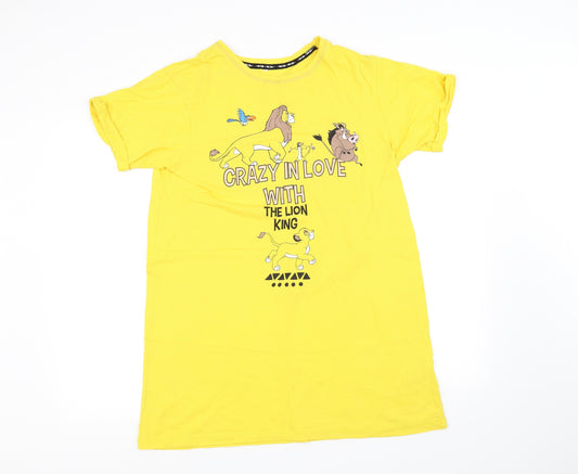 Front view of pre worn women’s yellow basic t-shirt, size XS