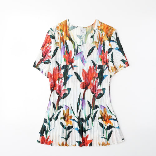 Mitzy Womens White Floral  Basic T-Shirt Size S