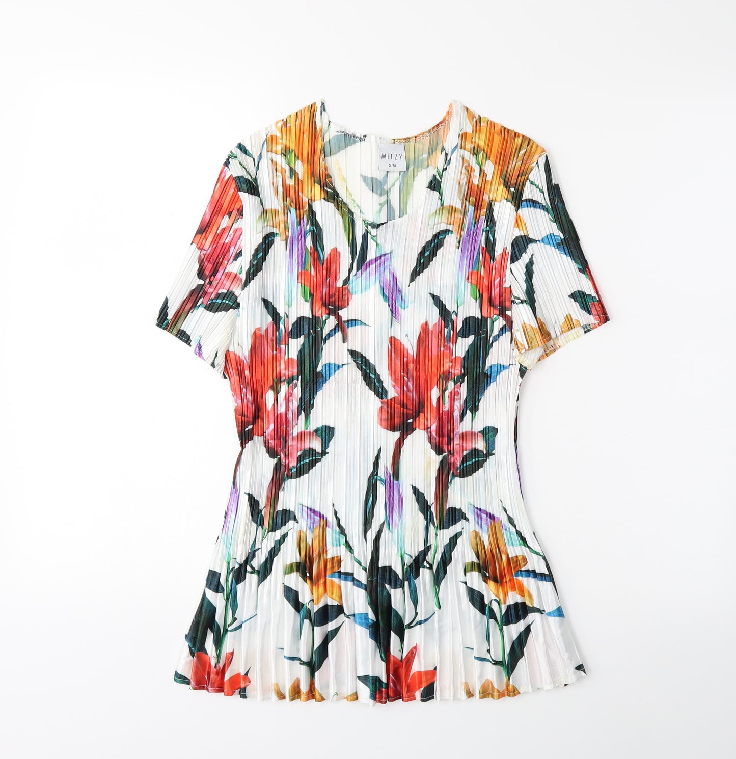 Mitzy Womens White Floral  Basic T-Shirt Size S