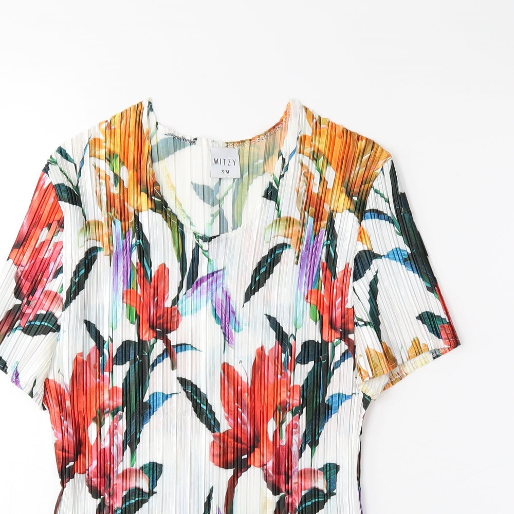 Mitzy Womens White Floral  Basic T-Shirt Size S