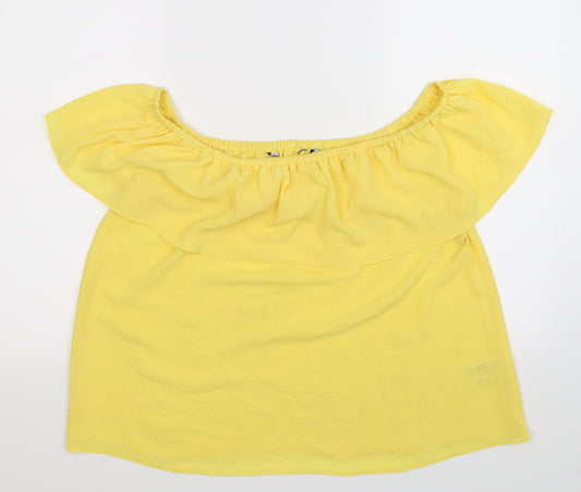 Front view of Preworn women’s yellow basic blouse, size UK 14