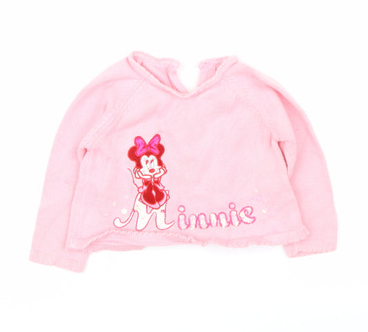 Front view of Marks & Spencer Pink Cardigan Jumper, size 12-18, Months - minnie mouse