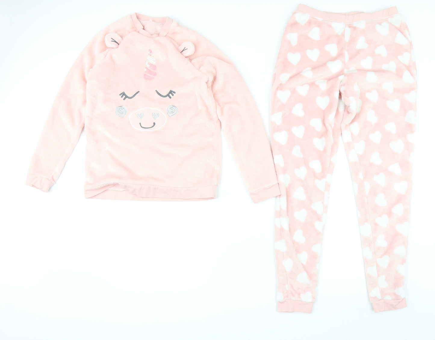 George Girls Pink  Fleece Top Pyjama Set Size 12-13 Years  - Unicorn Love Hearts