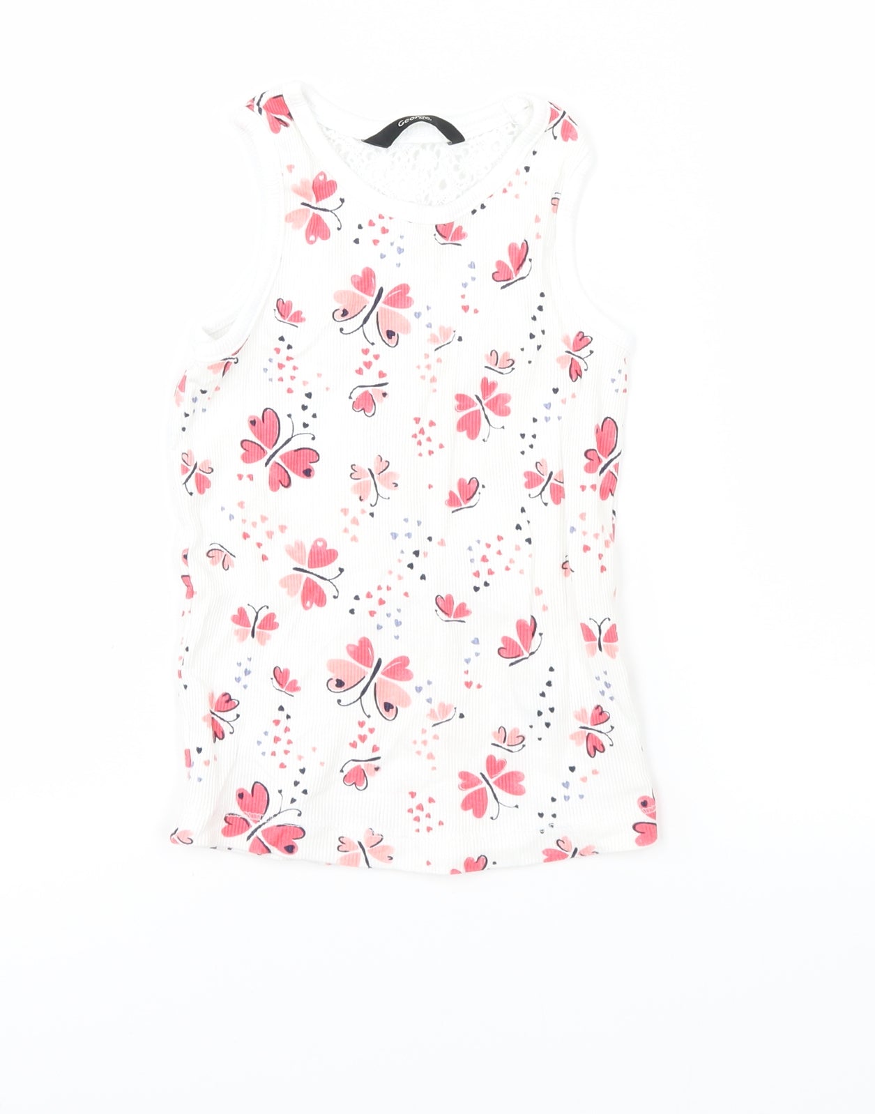 George Girls White   Basic Tank Size 5-6 Years  - butteflies
