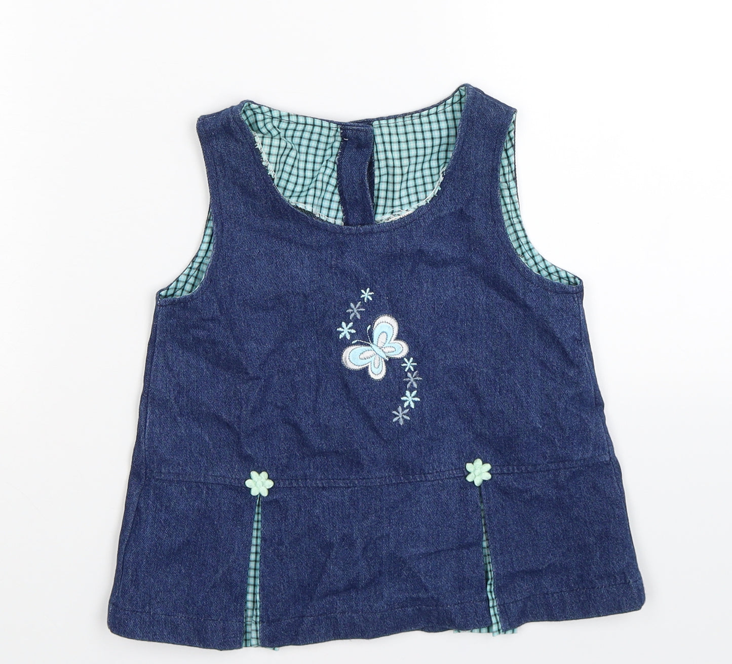 Preworn Girls Blue Floral Denim Pinafore/Dungaree Dress  Size 6-9 Months